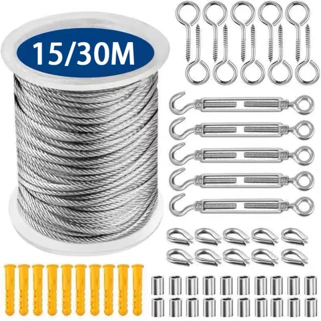 15/30m Kit di funi per cavi in acciaio inossidabile Cavo da giardino per carichi pesanti Balcone Ringhiera Recinzione per fattoria Tenda Rotolo 304 Rivestito in PVC