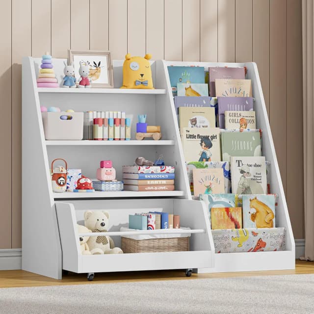 42 Inch Kids Bookshelf, 5 Layer Sling Kids Book Shelf for Kid Rooms, Wood Children Bookcase with Movable Drawer for Playroom