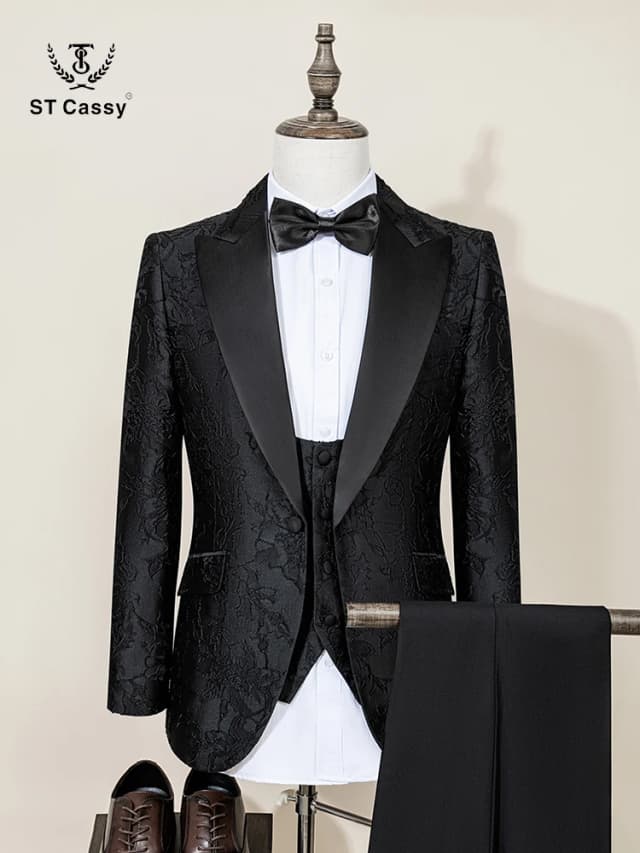 ST Cassy high quality luxury men's suit 3 piece set patterned Jacket+vest+Pants Suit Fashion Male Groom wedding boyfriend  dress