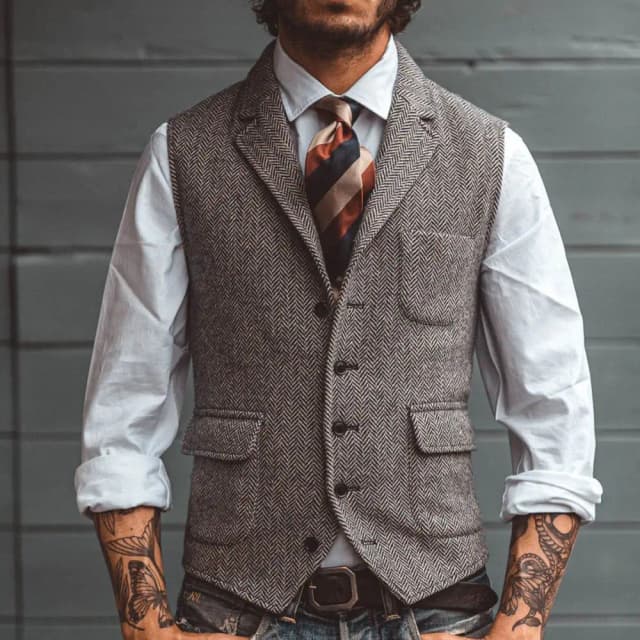 New V Neck Lapel Men's Suits Vest Casual Classic Formal Business Herringbone  Slim Fit Men's  Waistcoat For Wedding Groomsmen