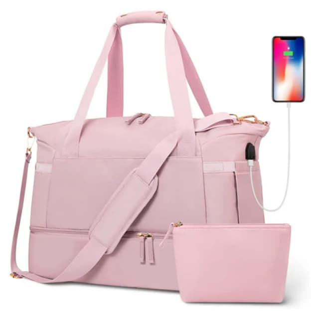 2Pcs Weekender Bag for Women Gym Bag with USB Charging Port Travel Duffle Bag Shoe Compartment Carry on Overnight